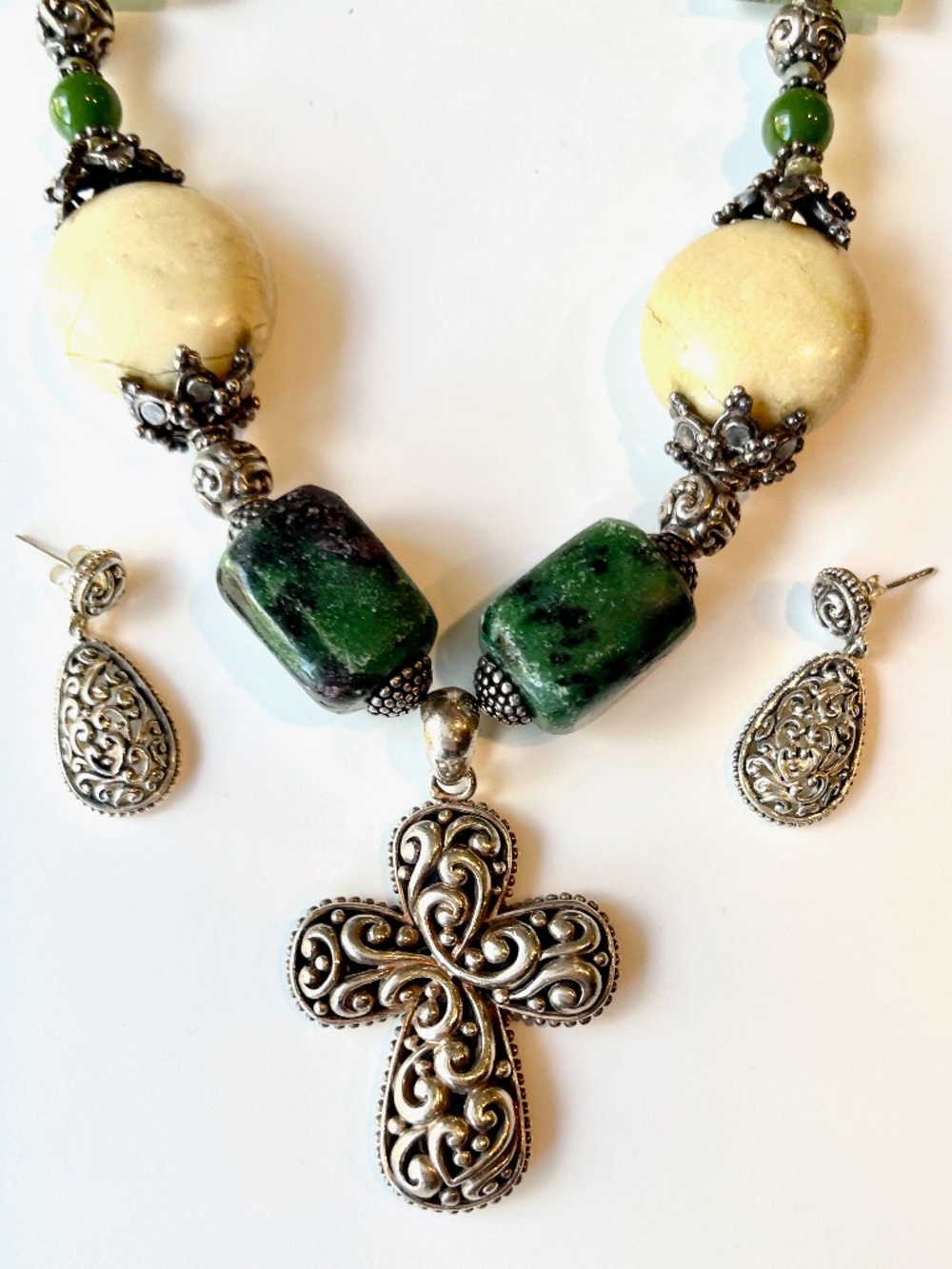 Vintage USA BARSE 925 Sterling Silver Aventurine Cross Necklace & Earrings Set